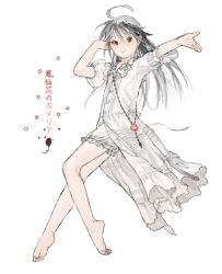 Rule 34 | 1girl, ahoge, arms up, bad drawr id, bad id, bare arms, bare legs, barefoot, beads, brown eyes, buttons, character request, copyright request, dress, floating, frilled dress, frills, grey hair, hand on own head, jewelry, long hair, looking at viewer, oekaki, open hand, outstretched arm, parted lips, pendant, psyche (arcadia), simple background, soles, solo, star (symbol), toes, white background, white dress