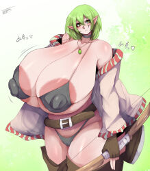 Rule 34 | 1girl, areola slip, bare shoulders, belt, bikini, black bikini, bow, bow (weapon), breasts, cameltoe, choker, collarbone, covered erect nipples, elf, expressionless, eyelashes, female focus, female pubic hair, gigantic breasts, green background, green eyes, green hair, highres, holding, holding bow (weapon), holding weapon, jewelry, large areolae, looking at viewer, matching hair/eyes, micro bikini, motion lines, necklace, original, pointy ears, pubic hair, pubic hair peek, shiny skin, smile, solo, standing, swimsuit, thick thighs, thighs, tsuyomayo, weapon, white background, wide hips