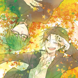 Rule 34 | 2boys, ;d, autumn leaves, bad id, bad pixiv id, bandages, bandaged fingers, bandages, black hair, black jacket, brown eyes, collared shirt, frown, gakuran, glasses, green hair, hand on own chest, jacket, kuroko no basuke, leaf, long sleeves, looking at another, looking at viewer, male focus, midorima shintarou, multiple boys, noeru (putty), one eye closed, open clothes, open jacket, open mouth, school uniform, shirt, smile, takao kazunari, upside-down, white shirt