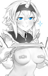 Rule 34 | 1girl, absurdres, areola slip, bandaid, bandaids on nipples, blue hair, breasts, closed mouth, clothes lift, flashing, gloves, greyscale, hair between eyes, hairband, highres, horns, kirin (armor), lifting own clothes, looking at viewer, medium breasts, monochrome, monster hunter (series), navel, niwarhythm, pasties, shirt lift, short hair with long locks, sidelocks, single horn, smile, solo, spot color, stomach, tube top lift