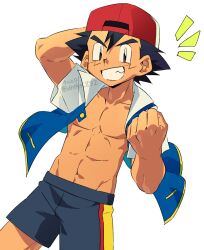 Rule 34 | 1boy, abs, ash ketchum, black hair, brown eyes, clenched hand, collarbone, commentary request, cowboy shot, creatures (company), game freak, grin, hat, jacket, knhrpnkt, looking at viewer, male focus, muscular, muscular male, nintendo, no shirt, notice lines, open clothes, open jacket, pectorals, pokemon, pokemon (anime), pokemon (classic anime), red hat, short hair, shorts, smile, solo, teeth, white background