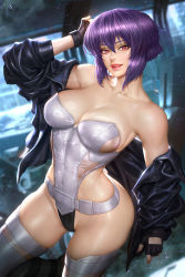 Rule 34 | 1girl, blurry, breasts, cleavage, collarbone, cyborg, depth of field, fingerless gloves, ghost in the shell, ghost in the shell stand alone complex, gloves, highleg, highleg leotard, jacket, kusanagi motoko, leotard, looking at viewer, medium breasts, neoartcore, open mouth, paid reward available, pink eyes, purple hair, revealing clothes, short hair, skindentation, solo, tagme, thighhighs