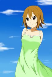 Rule 34 | 1girl, absurdres, alternate hairstyle, arms behind back, bad id, bad pixiv id, brown eyes, brown hair, closed mouth, cloud, day, dress, hair down, highres, k-on!, outdoors, short hair, smile, solo, standing, sundress, tainaka ritsu, yoshino-9