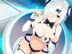 Rule 34 | 1girl, blue eyes, bracelet, breasts, cleavage, cleavage cutout, clothing cutout, dutch angle, elbow gloves, eyes visible through hair, fingerless gloves, gloves, gluteal fold, hair ornament, hair over one eye, hairclip, highres, jewelry, large breasts, looking at viewer, meth (emethmeth), midriff, nail polish, navel, open pants, original, pants, short shorts, shorts, solo, thighhighs, white gloves, white hair, white thighhighs