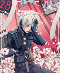 Rule 34 | 1boy, ahoge, black pants, cherry blossoms, commentary, covering own eyes, cowboy shot, danganronpa (series), danganronpa v3: killing harmony, english commentary, flower, goggles, unworn goggles, grey hair, hair flower, hair ornament, hand on own face, highres, holding, holding goggles, iei, iruma miu, k1-b0, looking down, male focus, pants, petals, pink background, pink flower, ribbon, sad, solo, spoilers