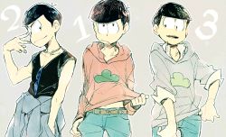 Rule 34 | 10s, 3boys, black hair, brothers, clothes around waist, clothes lift, cowboy shot, denim, grey background, hand in pocket, hood, hoodie, hoodie lift, jacket, jacket around waist, jeans, male focus, matsuno choromatsu, matsuno karamatsu, matsuno osomatsu, multiple boys, osomatsu-kun, osomatsu-san, osomatsu (series), pants, shirt lift, siblings, simple background, sleeves rolled up, smile, sunglasses, swept bangs, v-neck, wakaya hana