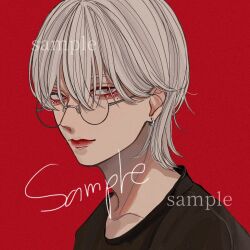 Rule 34 | 1boy, bishounen, black shirt, closed mouth, commission, from side, glasses, grey eyes, highres, kagoya1219, long bangs, looking at viewer, looking to the side, male focus, original, portrait, red background, sample watermark, shirt, short hair, simple background, solo, watermark, white hair