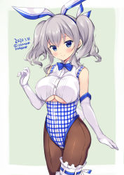 Rule 34 | 1girl, adapted costume, animal ears, blue eyes, border, bow, bowtie, breasts, brown pantyhose, cleavage cutout, clothing cutout, commentary request, cowboy shot, dated, elbow gloves, fake animal ears, gingham, gloves, grey background, kantai collection, kashima (kancolle), kobeya, kobeya uniform, large breasts, leotard, looking at viewer, odawara hakone, pantyhose, playboy bunny, rabbit ears, rabbit tail, sidelocks, silver hair, sleeveless, solo, standing, tail, twintails, twitter username, two-tone background, underboob, wavy hair, white border, white gloves