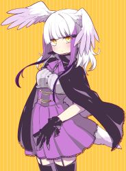 Rule 34 | 1girl, bird tail, black cape, black gloves, black thighhighs, blunt bangs, bow, bowtie, cape, closed mouth, commentary, cowboy shot, garter straps, gloves, halloween, halloween costume, head wings, high-waist skirt, highres, japanese crested ibis (kemono friends), kemono friends, lace, lace-trimmed skirt, lace trim, looking at viewer, medium hair, miniskirt, multicolored hair, petit ramune, pleated skirt, purple bow, purple bowtie, purple cape, purple hair, purple skirt, shirt, sidelocks, skirt, solo, spread wings, standing, striped, tail, thighhighs, two-sided cape, two-sided fabric, vertical stripes, white hair, white shirt, wings, yellow background, yellow eyes