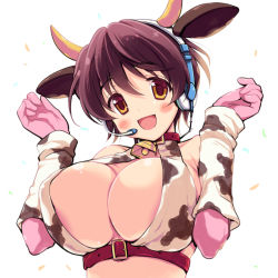 Rule 34 | 10s, 1girl, :d, animal ears, animal print, arm warmers, bell, belt buckle, blush, breasts, brown hair, buckle, choker, cleavage, cow ears, cow girl, cow horns, cow print, cowbell, elbow gloves, fake animal ears, fake horns, gloves, hairband, hands up, headphones, headset, horns, idolmaster, idolmaster cinderella girls, large breasts, odawara hakone, oikawa shizuku, open clothes, open mouth, open vest, orange eyes, pink gloves, short hair, simple background, smile, solo, vest, white background