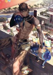 Rule 34 | 1boy, abs, ahoge, bare pectorals, black hair, brown hair, creature, dark-skinned male, dark skin, day, earrings, egyptian, egyptian clothes, eyeshadow, fate/grand order, fate (series), full body, highres, jewelry, looking at viewer, makeup, male focus, navel, nipples, ozymandias (fate), pectorals, revealing clothes, sakura hitsuji, shrug (clothing), sitting, smile, solo, toned, toned male, usekh collar, yellow eyes