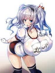 Rule 34 | alternate breast size, blush, breasts, buruma, collarbone, covered erect nipples, fang, gloves, gym uniform, hair ornament, hairband, hand on own chest, highres, huge breasts, kantai collection, kashima (kancolle), knees together feet apart, looking at viewer, name tag, no bra, open mouth, see-through, short sleeves, sidelocks, silver hair, solo, sweatdrop, thighhighs, thighs, torisan, twintails, white background