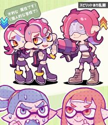 Rule 34 | 2boys, 3girls, afro, agent 8 (splatoon), armor, belly, black footwear, black pants, black shirt, black shorts, black skirt, blue hair, boots, breastplate, brown footwear, chibi, fangs, full body, hair tie, hand on own hip, hands up, holding, holding water gun, ink tank (splatoon), inkling, inkling boy, inkling girl, inkling player character, long hair, looking away, looking up, mohawk, multiple boys, multiple girls, navel, nintendo, octoling, octoling boy, octoling girl, octoling player character, open mouth, orange hair, pants, pointy ears, shirt, short ponytail, shorts, simple background, skirt, smile, splatoon (series), standing, suction cups, sweat, teijiro, thumbs up, translation request, upper body, water gun, white background
