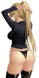 Rule 34 | 1girl, arms up, ass, black jacket, black panties, black thighhighs, blonde hair, breasts, character request, commission, dungeon and fighter, epomeno, hair tie, highres, jacket, large breasts, long hair, long sleeves, mouth hold, panties, ponytail, red eyes, sidelocks, solo, thighhighs, thighs, tying hair, underwear