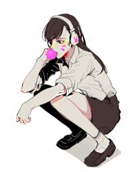 Rule 34 | 1girl, alternate costume, animal print, brown eyes, brown footwear, brown hair, brown shorts, blowing bubbles, chewing gum, collared shirt, d.va (overwatch), facepaint, facial mark, female focus, full body, hand on own cheek, hand on own face, headphones, kneeling, long hair, overwatch, overwatch 1, rabbit print, shirt, shoes, short sleeves, shorts, simple background, skirt, sleeves rolled up, socks, solo, whisker markings, white background, white shirt, white socks