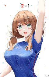 Rule 34 | 1girl, 2022 fifa world cup, :d, arm up, blue shirt, blunt bangs, breasts, brown hair, flower, girls&#039; frontline, green eyes, hair flower, hair ornament, highres, howa type 89 (girls&#039; frontline), keenh, large breasts, looking at viewer, open mouth, roman numeral, shirt, short sleeves, short twintails, simple background, smile, soccer uniform, sportswear, twintails, white background, world cup