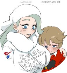 Rule 34 | 1boy, 1girl, age difference, blue eyes, blush, breasts, collared shirt, commentary, creatures (company), earrings, game freak, gigobyte350, hand on another&#039;s shoulder, hat, jewelry, korean text, mature female, melony (pokemon), nintendo, onee-shota, parted lips, pokemon, pokemon swsh, print shirt, red sweater, scarf, shirt, sweatdrop, sweater, upper body, white hat, white scarf, white shirt, youngster (pokemon)