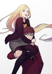 Rule 34 | 10s, 1boy, 1girl, :d, arm around neck, bishamonten (noragami), black-framed eyewear, black pantyhose, blazer, blonde hair, brown hair, buttons, casual, closed mouth, formal, gradient background, hand on another&#039;s thigh, highres, jacket, kazuma (noragami), long hair, long sleeves, looking at viewer, necktie, noragami, open mouth, pantyhose, pencil skirt, print shirt, purple eyes, rekaerb maerd, shirt, sitting on shoulder, skirt, smile, stitches, suit, swept bangs, very long hair, white shirt