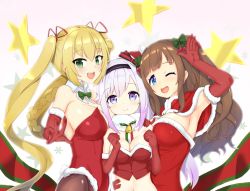 Rule 34 | + +, .live, 3girls, akiiro, arm up, armpits, bare shoulders, black legwear, blonde hair, blue eyes, blush, bow, braid, breasts, brown hair, carro pino, christmas, cleavage, elbow gloves, gloves, green bow, green eyes, hair bow, kakyouin chieri, kongou iroha, large breasts, long hair, looking at viewer, medium breasts, multicolored eyes, multicolored hair, multiple girls, navel, one eye closed, open mouth, pantyhose, purple eyes, purple hair, red gloves, santa costume, smile, star (symbol), twintails, two-tone hair, very long hair, virtual youtuber, white hair