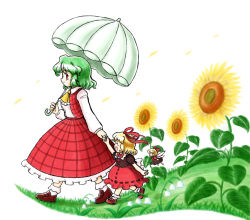 Rule 34 | 2girls, :d, ^ ^, ascot, blonde hair, bow, commentary request, closed eyes, flower, green hair, hair bow, hair ribbon, height difference, kazami yuuka, lily of the valley, long sleeves, medicine melancholy, multiple girls, nitamago, open mouth, parasol, plaid, plaid skirt, plaid vest, red eyes, ribbon, shirt, short hair, skirt, skirt set, smile, su-san, sunflower, touhou, umbrella, vest, white background
