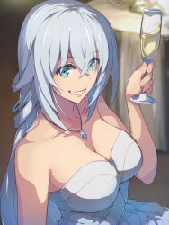 Rule 34 | 1girl, alcohol, arm at side, bare arms, bare shoulders, breasts, champagne, champagne flute, chiharu (9654784), cleavage, clenched teeth, cocktail dress, collarbone, cup, dress, drink, drinking glass, eiyuu densetsu, eyebrows hidden by hair, eyes visible through hair, green eyes, grey dress, grey hair, grin, hair between eyes, hand up, highres, holding, holding drink, holding drinking glass, indoors, jewelry, kuro no kiseki, kuro no kiseki ii, large breasts, long hair, neck, necklace, shizuna rem misurugi, smile, straight hair, strapless, strapless dress, table, teeth