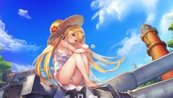 Rule 34 | 1girl, ag-2c sirene, bikini, bikini under clothes, blonde hair, blue sky, blush, breasts, cannon, casual, clothes between thighs, dandelion, day, dress, flower, full body, hat, highres, last origin, long hair, looking at viewer, medium breasts, outdoors, paintale, red eyes, sky, solo, straw hat, sun hat, sundress, swimsuit, tree, very long hair, wallpaper, white bikini, white dress