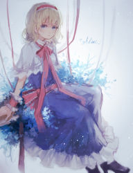 Rule 34 | 1girl, alice margatroid, bad id, bad pixiv id, blonde hair, blue eyes, bow, capelet, character name, dress, hairband, highres, looking at viewer, maccha (mochancc), ribbon, short hair, solo, touhou