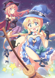 Rule 34 | 2girls, bare shoulders, blonde hair, blue eyes, broom, cat, cleavage cutout, clothing cutout, dekosuke, detached sleeves, dress, female focus, hat, heart, heart cutout, multiple girls, original, wavy mouth, witch, witch hat