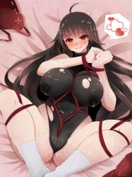 Rule 34 | 1girl, afterglow, ahoge, arano oki, bdsm, black hair, blindfold, bondage, bound, bound wrists, breast bondage, breasts, brown eyes, covered erect nipples, crotch rope, cum, cum on body, cum on hair, cum on upper body, frogtie, fucked silly, heart, highres, lactation, lactation through clothes, large breasts, leotard, long hair, looking at viewer, lying, m.u.g.e.n, on back, original, plump, pussy juice, rope, sendai hakurei no miko, shibari, shibari over clothes, socks, solo, spoken heart, spread legs, sweat, tongue, tongue out, torn clothes, torn leotard, touhou