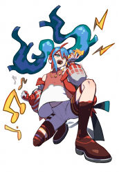 Rule 34 | 1girl, absurdres, blue eyes, blue hair, butterpan zz, creatures (company), fire miku (project voltage), game freak, hatsune miku, headphones, highres, jacket, kneeling, long hair, midriff peek, musical note, nintendo, open clothes, open jacket, open mouth, poke ball print, pokemon, project voltage, puffy sleeves, simple background, twintails, two-tone gloves, very long hair, vocaloid, white background