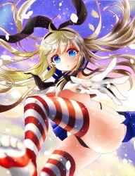 Rule 34 | 10s, 1girl, black panties, blonde hair, blush, elbow gloves, feet, gloves, hairband, kantai collection, long hair, looking at viewer, navel, no shoes, panties, pantyshot, patterned legwear, personification, shimakaze (kancolle), skirt, solo, striped clothes, striped thighhighs, thighhighs, two-tone stripes, underwear, upskirt, white gloves, white stripes, yuiyuimoe