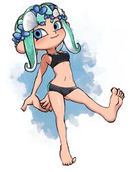 Rule 34 | 1girl, aqua hair, arms behind back, barefoot, blue background, blue eyes, breasts, closed mouth, commentary request, eyelashes, full body, head wreath, highres, medium breasts, medium hair, muramasa mikado, navel, nintendo, octoling, octoling girl, octoling player character, smile, solo, splatoon (series), splatoon 3, standing, standing on one leg, tentacle hair, two-tone background, white background