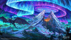 Rule 34 | aurora, city lights, cliff, commentary, copyright name, critical role, dragon, dragon horns, dragon riding, dragon wings, dungeons & dragons, dungeons &amp; dragons, english commentary, fantasy, flying, forest, highres, horns, idrawbagman, landscape, logo, mountain, mountainous horizon, nature, night, night sky, outdoors, pine tree, ravine, reins, riding, saddle, scales, scenery, sky, snow, star (sky), starry sky, tree, village, wide shot, wings, winter, wyvern