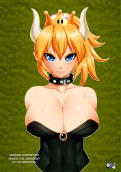 Rule 34 | 1girl, bare shoulders, blonde hair, blue eyes, bowsette, breasts, cleavage, collar, collarbone, crown, horns, jadenkaiba, large breasts, looking at viewer, mario (series), new super mario bros. u deluxe, nintendo, ponytail, solo, spiked collar, spikes, strapless, super crown, upper body