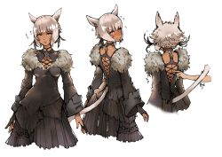 Rule 34 | 1girl, absurdres, animal ears, black dress, blush, breasts, cat ears, cat girl, cat tail, cleavage, commentary request, dark-skinned female, dark skin, dress, facial mark, final fantasy, final fantasy xiv, from behind, fur trim, highres, hjz (artemi), lips, long sleeves, looking at viewer, looking back, medium breasts, miqo&#039;te, multiple views, parted lips, short hair, signature, silver hair, simple background, tail, white background, wide sleeves, y&#039;shtola rhul