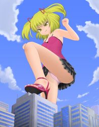 Rule 34 | 1girl, blonde hair, buckle, building, feet, female focus, frilled skirt, frills, giant, giantess, high heels, highres, kanahebi, nail polish, open shoes, original, panties, pantyshot, pleated skirt, sandals, skirt, smile, solo, spaghetti strap, tank top, toes, twintails, underwear, upskirt, yellow eyes