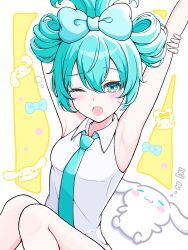 Rule 34 | 1girl, aqua bow, aqua eyes, aqua hair, aqua necktie, arm up, bare legs, bow, bow-shaped hair, cinnamiku, collared shirt, deformed, dot nose, hair between eyes, hair bow, hatsune miku, highres, knees up, long hair, looking at viewer, lying, necktie, official alternate hairstyle, on back, one eye closed, open mouth, outline, raised eyebrow, shirt, sidelocks, simple background, sitting, sleeveless, sleeveless shirt, stretching, tearing up, two-tone background, updo, uzuki sena, vocaloid, waking up, white background, white outline, white rabbit (animal), white shirt, yawning, yellow background, zzz
