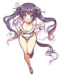 Rule 34 | 1girl, animal ears, ayuma sayu, bikini, black hair, blue bikini, blue eyes, blush, breasts, cat ears, cat tail, cleavage, full body, hair ribbon, holding, large breasts, long hair, open mouth, ribbon, scrunchie, simple background, solo, swimsuit, tail, tail ornament, tail ribbon, towel, twintails, white background, wrist scrunchie
