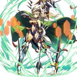 Rule 34 | 1girl, aqua eyes, armor, artist request, blonde hair, boots, breasts, cape, cleavage, clothing cutout, commentary request, company name, cu chulainn (kamihime project), elbow gloves, floating hair, full body, gloves, glowing, green cape, headgear, holding, holding weapon, kamihime project, legs apart, leotard, long hair, looking at viewer, medium breasts, navel, navel cutout, official art, open mouth, polearm, revealing clothes, solo, standing, thighhighs, very long hair, weapon, weapon request, white background