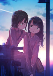 Rule 34 | 2girls, arm around shoulder, backlighting, bag, bicycle, black eyes, black hair, blurry, cloud, contrail, eye contact, film grain, highres, inami hatoko, long hair, looking at another, multiple girls, open mouth, original, school bag, short hair, sitting, sky, smile, track suit, utility pole, yuri