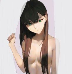 Rule 34 | 1girl, amo (silent bomb19), bad id, bad pixiv id, breasts, brown hair, closed mouth, commentary request, curtains, fingernails, green eyes, grey background, hair censor, hair over breasts, hand up, head tilt, long hair, looking at viewer, medium breasts, nude, original, solo, upper body
