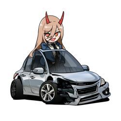 Rule 34 | 1girl, absurdres, black necktie, blue jacket, blush, car, chainsaw man, collared shirt, commentary, damaged, english commentary, fang, hair between eyes, highres, holeecrab, horns, jacket, long hair, looking at viewer, motor vehicle, necktie, nissan, nissan altima, open mouth, orange eyes, power (chainsaw man), shirt, simple background, skin fang, smile, solo, vehicle focus, white background, white shirt