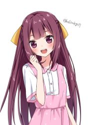Rule 34 | 1girl, alternate costume, bad id, bad twitter id, blouse, bow, collared shirt, cowboy shot, dress, hair bow, hoshino kagari, kamikaze (kancolle), kantai collection, long hair, looking at viewer, one-hour drawing challenge, open mouth, pink dress, purple eyes, purple hair, round teeth, shirt, simple background, smile, solo, standing, teeth, twitter username, upper teeth only, very long hair, white background, white shirt, yellow bow