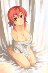 Rule 34 | 1girl, bare shoulders, bottomless, breasts, cleavage, kneeling, kusanagi tonbo, large breasts, naked sweater, no pants, original, red hair, solo, sweater