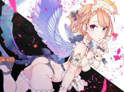 Rule 34 | 1girl, :o, angel, angel wings, arched back, ass, blonde hair, blush, breasts, frills, from side, half updo, halo, hand up, heart, index finger raised, looking at viewer, maid headdress, medium breasts, original, parted lips, short hair, solo, tajima ryuushi, thighhighs, thighs, thong, white thighhighs, wings, wrist cuffs