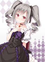 Rule 34 | 1girl, black bow, blush, book, bow, choker, closed mouth, collarbone, drill hair, hair bow, hand on own chest, hyuuga azuri, idolmaster, idolmaster cinderella girls, kanzaki ranko, long hair, looking at viewer, nail polish, notebook, purple nails, red eyes, short sleeves, silver hair, solo, twin drills, twintails, upper body