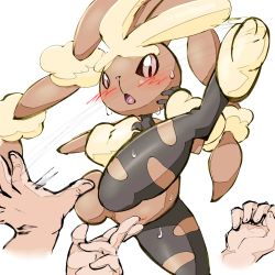 Rule 34 | 1girl, absurdres, animal feet, animal nose, arms up, black pantyhose, black sclera, blush, colored sclera, creatures (company), crotchless, crotchless pantyhose, disembodied hand, feet, female focus, fingering, furry, furry female, furry with non-furry, game freak, gen 4 pokemon, highres, interspecies, kicking, leg up, legs, looking down, lopunny, mega lopunny, mega pokemon, motion lines, nintendo, open mouth, pantyhose, pink eyes, pokemon, pokemon (creature), pussy, rabbit ears, rabbit girl, rabbit tail, red leopard, simple background, solo focus, spread legs, standing, standing on one leg, sweat, thighs, torn clothes, torn pantyhose, uncensored, white background