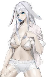 Rule 34 | 1girl, absurdres, animal ears, azur lane, bad id, bad pixiv id, bikini, bikini top only, blue eyes, breasts, character request, collared shirt, covered erect nipples, hand up, highres, large breasts, mole, mole on arm, mole on breast, mole on stomach, navel, norunollu, rabbit ears, shirt, short sleeves, shorts, simple background, solo, swimsuit, white background, white bikini, white shirt, white shorts