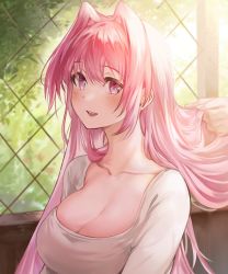 Rule 34 | 1girl, bad id, bad twitter id, breasts, cleavage, collarbone, commentary request, fence, hair lift, highres, large breasts, long hair, looking to the side, open mouth, original, pink eyes, pink hair, shirt, sidelocks, white shirt, yuki (asayuki101)