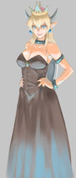 Rule 34 | 1girl, armlet, bare shoulders, black collar, black dress, blonde hair, blue eyes, bowsette, bracelet, breasts, cleavage, collar, crown, dress, earrings, highres, horns, jewelry, large breasts, lipstick, long dress, makeup, mario (series), new super mario bros. u deluxe, nintendo, solo, spiked armlet, spiked bracelet, spiked collar, spiked shell, spiked tail, spikes, strapless, strapless dress, super crown, tail, teeth